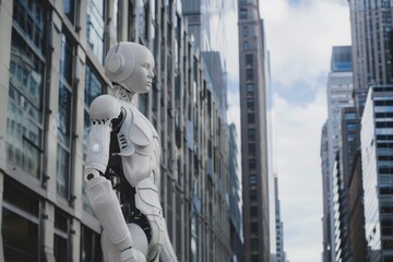 Fototapeta premium A sleek mechanical assistant observes its surroundings in a vibrant cityscape, highlighting the integration of technology in modern urban life