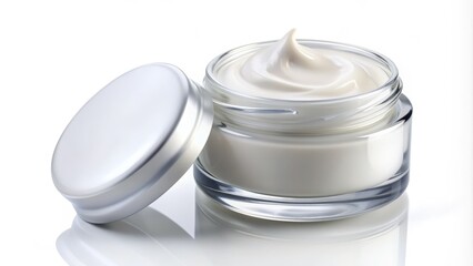 A luxurious white cosmetic cream sits elegantly on a soft, pure white background, highlighting its rich texture and subtle sheen in perfect isolation.
