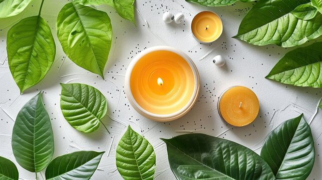 Elegant feminine workspace with green leaves, a candle, earphones, and a keyboard on a white desk, top view flat lay.