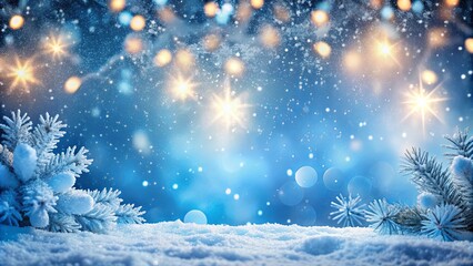 Naklejka premium Snow-covered winter wonderland with falling snowflakes, blue background, blurred lights, and a cozy holiday atmosphere