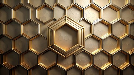 Modern abstract geometric golden hexagon circuitry pattern on a wall