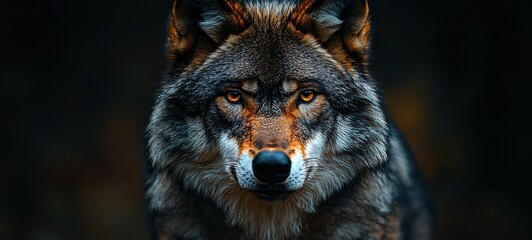 A captivating image of a dark gray wolf with piercing eyes, perfect for Halloween-themed designs, and versatile applications in nature-focused projects with copy space.