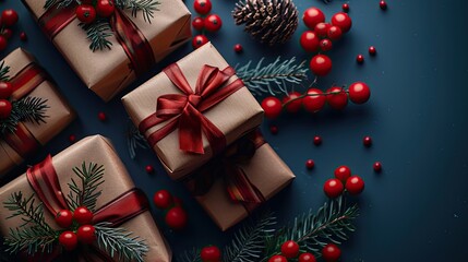 Gift boxes elegantly wrapped against a deep blue backdrop, perfect for festive promotions, greeting cards, and marketing materials celebrating the season.