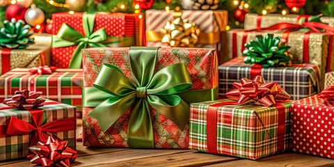 Beautifully wrapped Christmas presents with festive holiday wrapping paper, ribbons, and bows, containing surprises inside