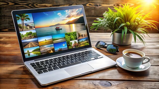 A modern laptop computer on a wooden desk with a cup of coffee and a smartphone, uploading a colorful vacation photo to a social media platform.