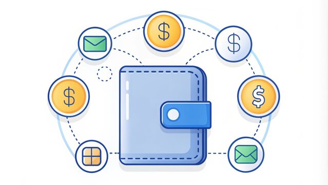 A modern, minimalist illustration of a digital wallet with a stylized logo, surrounded by various payment methods and currencies, isolated on a white background.