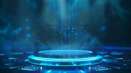 Vector illustrations of Futuristic digital technology stage with glowing blue pedestal podium stage layout for hi tech showcase.Digital tech concept.