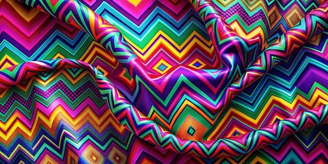 Vibrant geometric pattern on wavy fabric with neon abstract background, colorful and eye-catching design