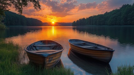 Obraz premium Sunset Boats on Calm Lake