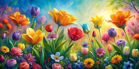 Vibrant spring oil painting of colorful flowers, nature artwork