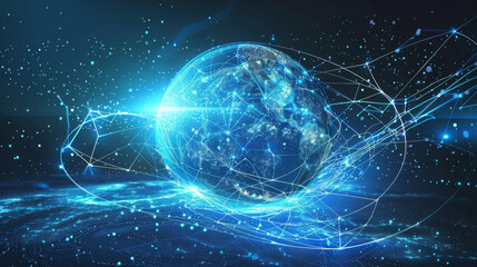 A blue planet with a network of lines surrounding it