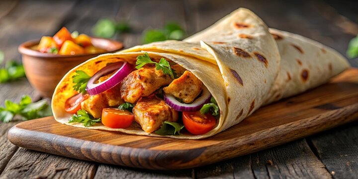 Delicious Indian chicken kati roll, a tasty and spicy street food snack wrap showcasing traditional flavors