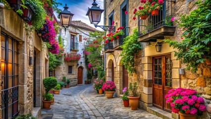 Ancient stone walls and charming streets of St. Augustine, Spain, surrounded by historic architecture, ornate lanterns, and vibrant flowers, exuding a sense of rich cultural heritage.