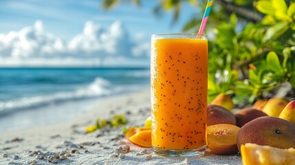 Obraz premium A tall glass of exotic fruit juice with a colorful straw, surrounded by fresh tropical fruits, on a sandy beach under a clear blue sky