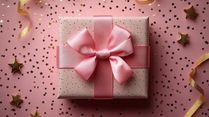 Pink background with a fashion gift box, pink ribbon bow, golden streamer, and confetti star, perfect for birthdays, Christmas, or weddings.