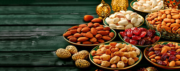 Fototapeta premium A variety of nuts are displayed in bowls on a wooden table. The bowls are arranged in a way that creates a visually appealing and appetizing display. The nuts include almonds, cashews, and peanuts
