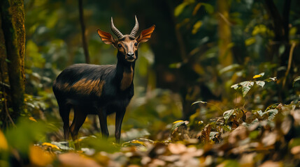 A majestic wild deer with striking horns stands amidst a lush, green forest, ideal for wildlife and nature-themed projects, promoting conservation or illustrating biodiversity,