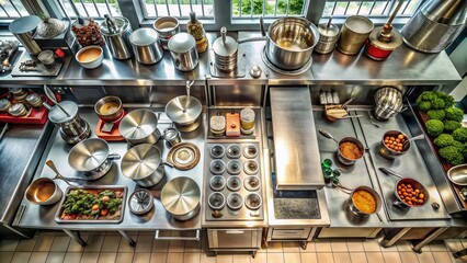 An Overhead View Of A Restaurant Kitchen With A Variety Of Pots And Pans On The Burners And Counters.