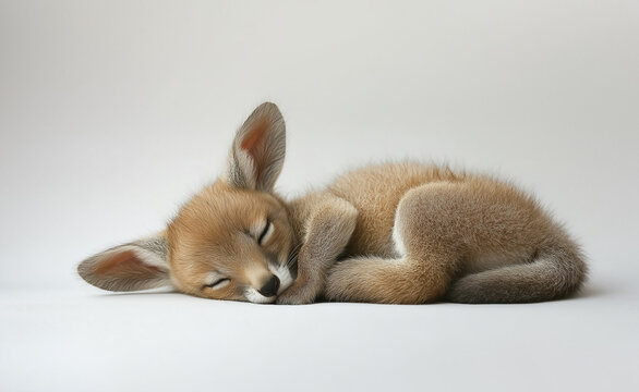 A fennec fox kit with large ears, curled up and asleep, highlighting its unique and endearing features.
