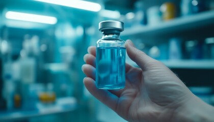 Abstract Doctor Holding COVID-19 Vaccine Vial: Medical Research and Healthcare Innovation. Minimalist Composition Highlighting Pharmaceutical Safety and Hospital Protocols. Elegant Design Template wit