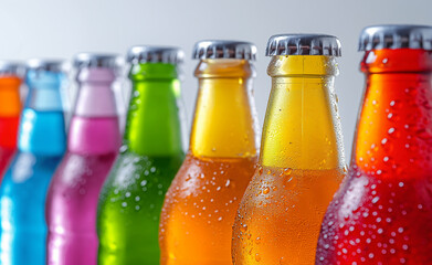Glass bottles in various bright colors, each with condensation droplets, representing refreshing beverages and variety in drink options.