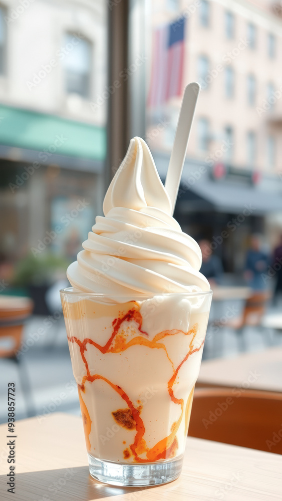 Canvas Prints Close-up of a Soft Serve Ice Cream Sundae with Caramel Drizzle