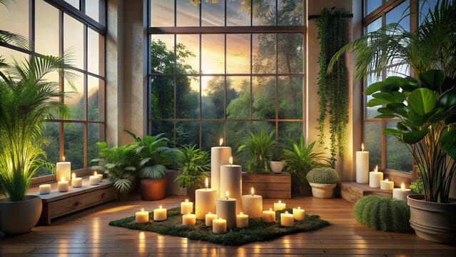 A peaceful meditation room with candles, plants, and natural light, evoking feelings of calmness, mindfulness, and connection to inner self and nature.