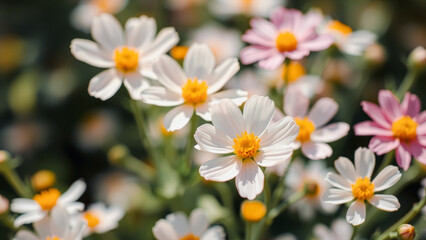 Fototapeta premium Delicate White Flowers with Yellow Centers in a Field of Green
