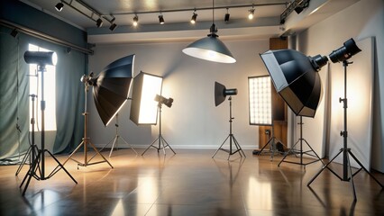 A Professional Lighting Arrangement With Softbox Lights And Reflectors Used In A Photography Studio For Illuminating A Subject During Photo Or Video Shoots.