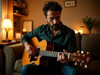 Obraz premium Man playing guitar in a cozy living room - AI Generated