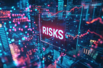 A text "RISKS" on a digital screen, representing uncertainty in technology. 