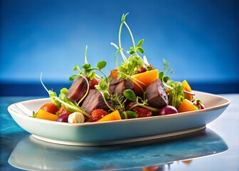 Miniature world of flavors unfolds within a shallow dish, starring tender beef, crunchy vegetables, and microgreens, set against a gradient blue background.