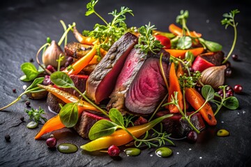 Sultry dark background amplifies the richness of savory beef strips, crunchy vegetables, and microgreens, in a stylized composition of contrasting textures.
