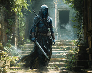 solitary drow warrior with glowing blue skin descending stone steps in an ancient jungle temple surrounded by mist and overgrown greenery