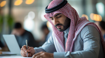 Middle Eastern man in traditional attire works at a trading desk, analyzing financial data on multiple screens, representing professionalism and global business.