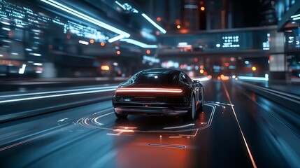 Fototapeta premium An AI-powered self-driving car on a futuristic highway, with glowing paths indicating its route, symbolizing autonomous transportation