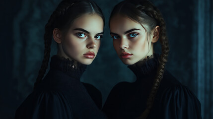Enchanting portrait of two beautiful twin girls with braided hair, dressed in black, showcasing striking blue eyes against a dark, moody background.

