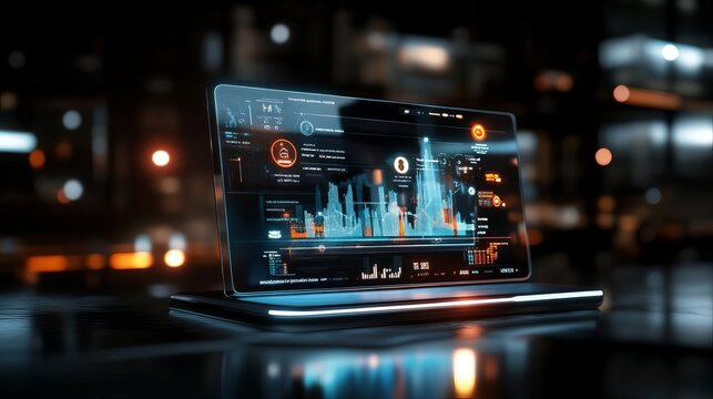 A digital interface with AI-powered predictive analytics visualized as glowing graphs and charts, symbolizing data-driven insights