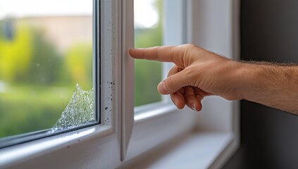 A person pointing to black mold on the wall of their home near window