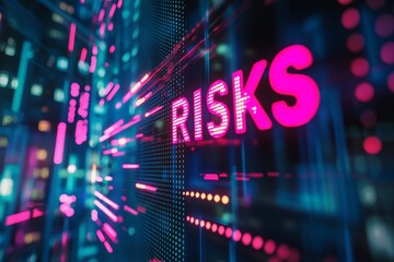 A text "RISKS" on a digital screen, representing uncertainty in technology. 