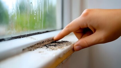 A person pointing to black mold on the wall of their home near window