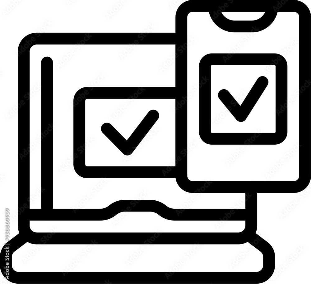 Poster line art vector icon of a laptop and a smartphone, both showing validation check marks, representing