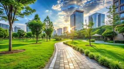 Naklejka premium A serene urban landscape featuring a harmonious blend of rugged concrete pavement and lush green grass, evoking a sense of nature's tranquil coexistence with city life.