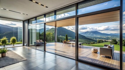 A Set Of Modern, Floor-To-Ceiling Glass Doors Slide Open To Reveal A Stunning Outdoor View, Connecting Indoors And Out With Natural Light And Accessibility.