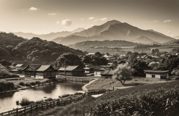 日本の田舎の川のほとりの家々