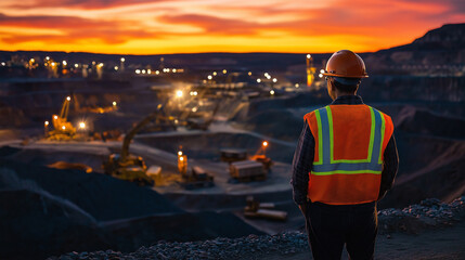 Mining engineer in an orange safety vest overlooks a vast mining operation at sunset, capturing the scale and intensity of industrial work.