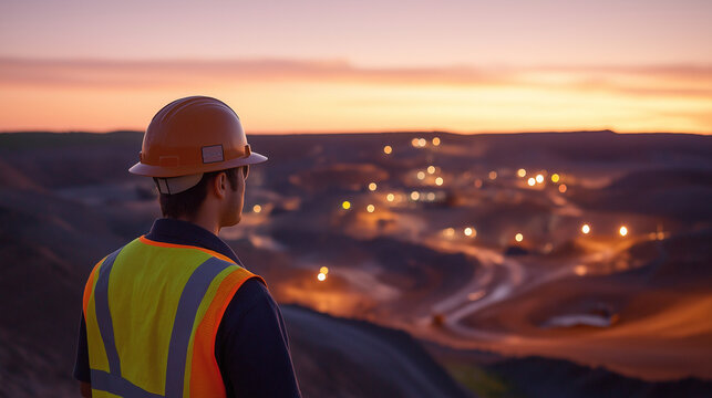Mining engineer in an orange safety vest overlooks a vast mining operation at sunset, capturing the scale and intensity of industrial work.