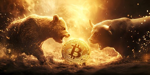 Battle of Bull and Bear Over Bitcoin, Bear and bull fighting over bitcoins