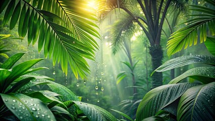 Fototapeta premium Lush tropical jungle foliage glistening with dew drops showcasing the beauty of a rainforest