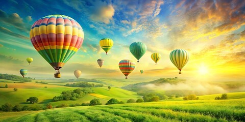 Fototapeta premium Watercolor hot air balloons floating above a vibrant green and yellow landscape